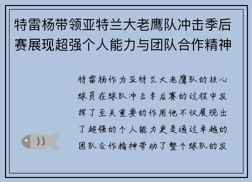 特雷杨带领亚特兰大老鹰队冲击季后赛展现超强个人能力与团队合作精神